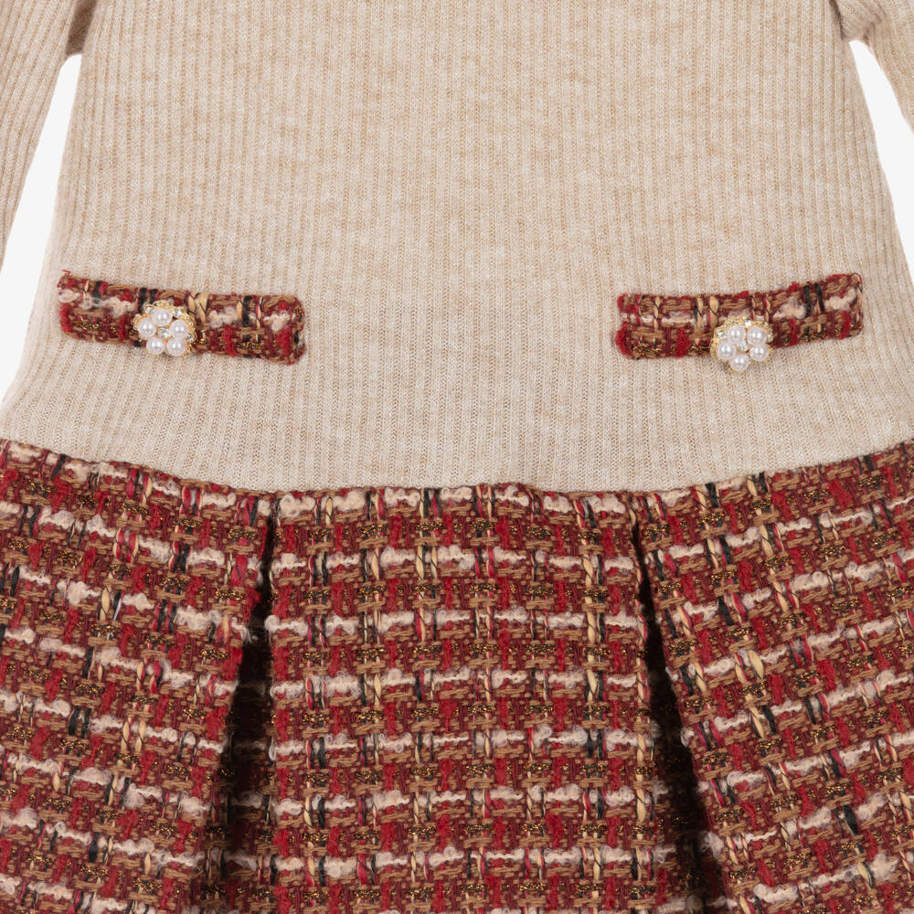 Patachou-Girls Beige Rib Knit & Red Tweed Dress | Childrensalon