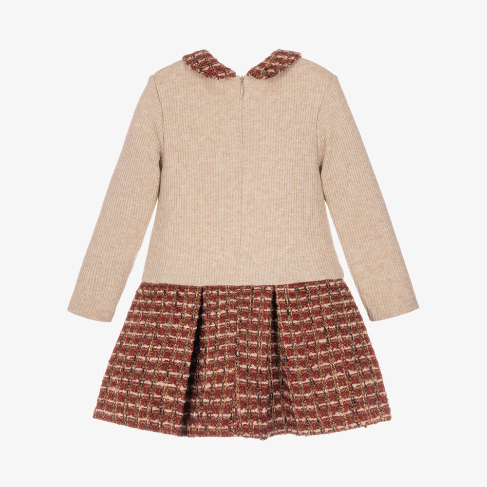 Patachou-Girls Beige Ribbed Knit & Red Tweed Dress | Childrensalon