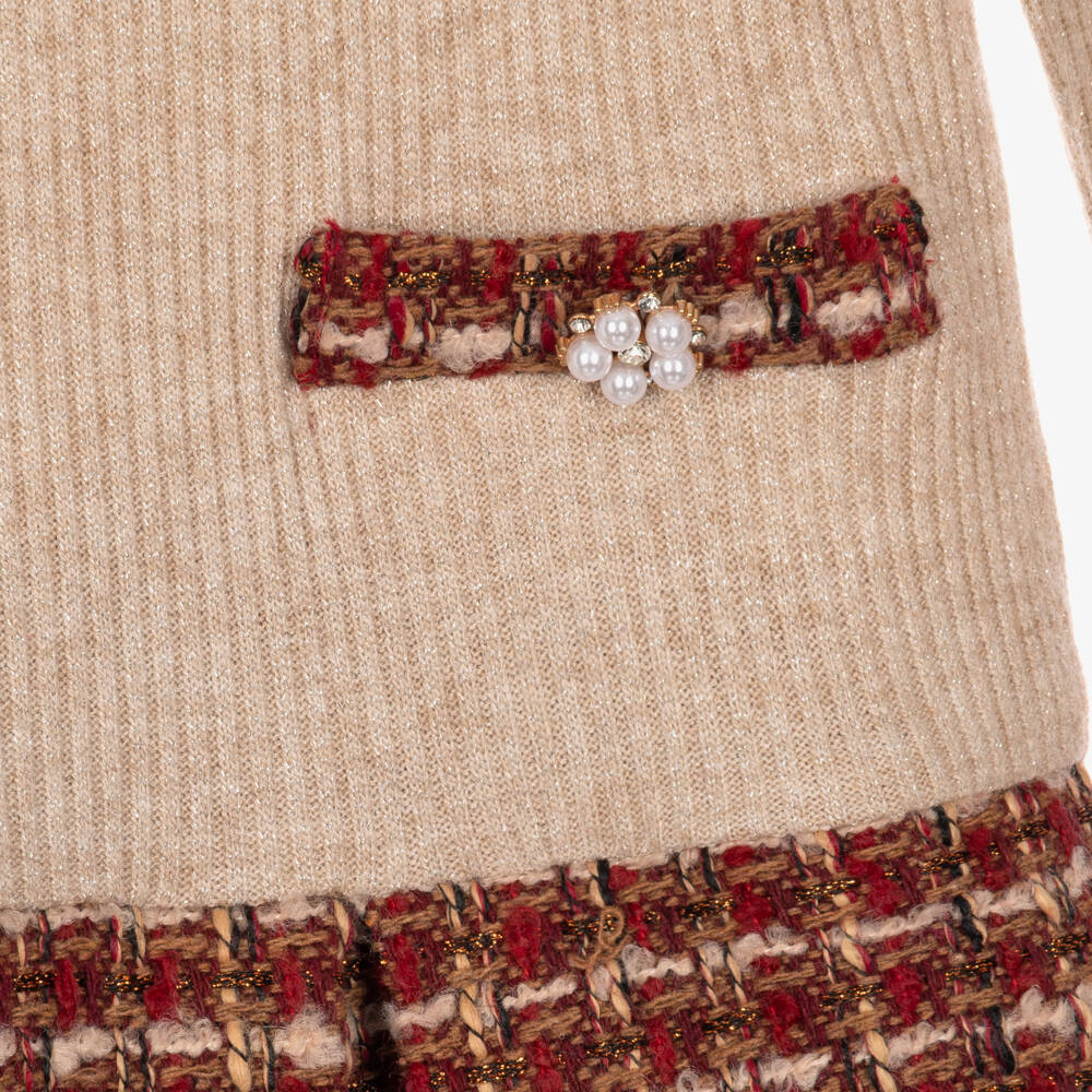 Patachou-Girls Beige Ribbed Knit & Red Tweed Dress | Childrensalon