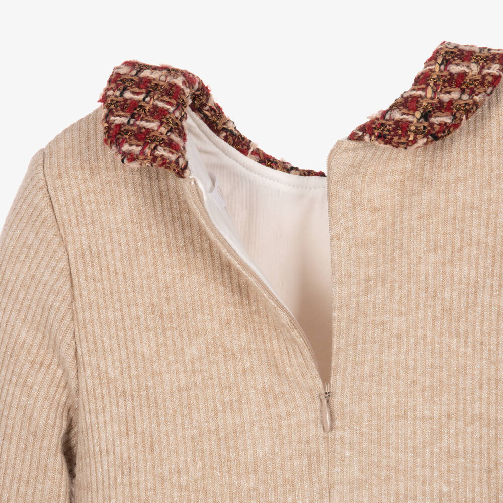 Patachou-Girls Beige Ribbed Knit & Red Tweed Dress | Childrensalon