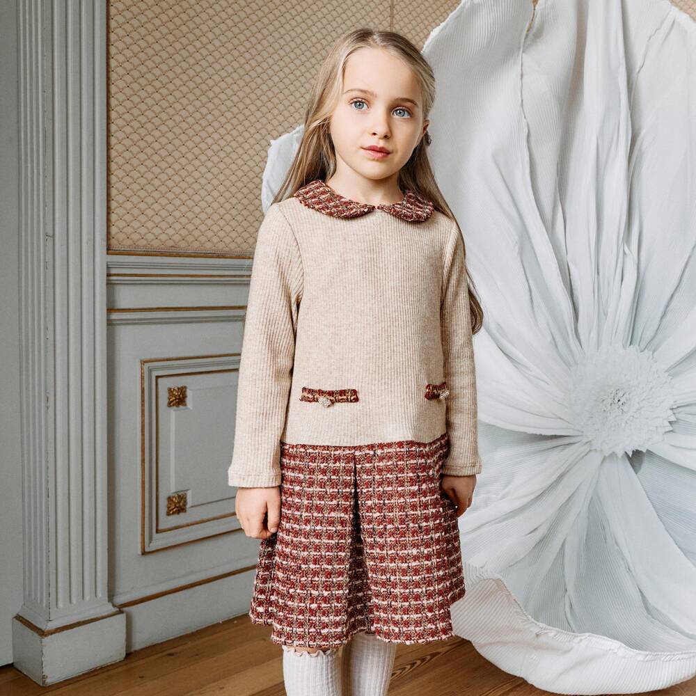 Patachou-Girls Beige Ribbed Knit & Red Tweed Dress | Childrensalon