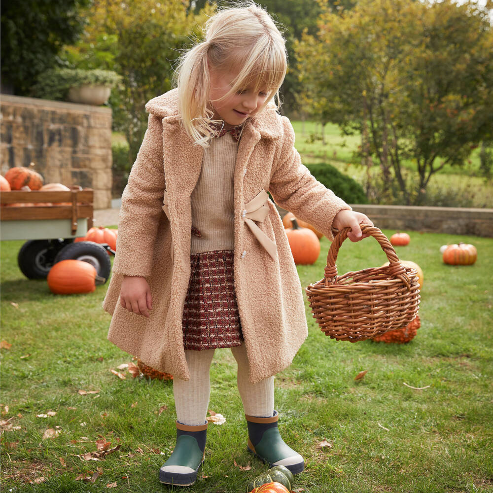 Patachou-Girls Beige Ribbed Knit & Red Tweed Dress | Childrensalon