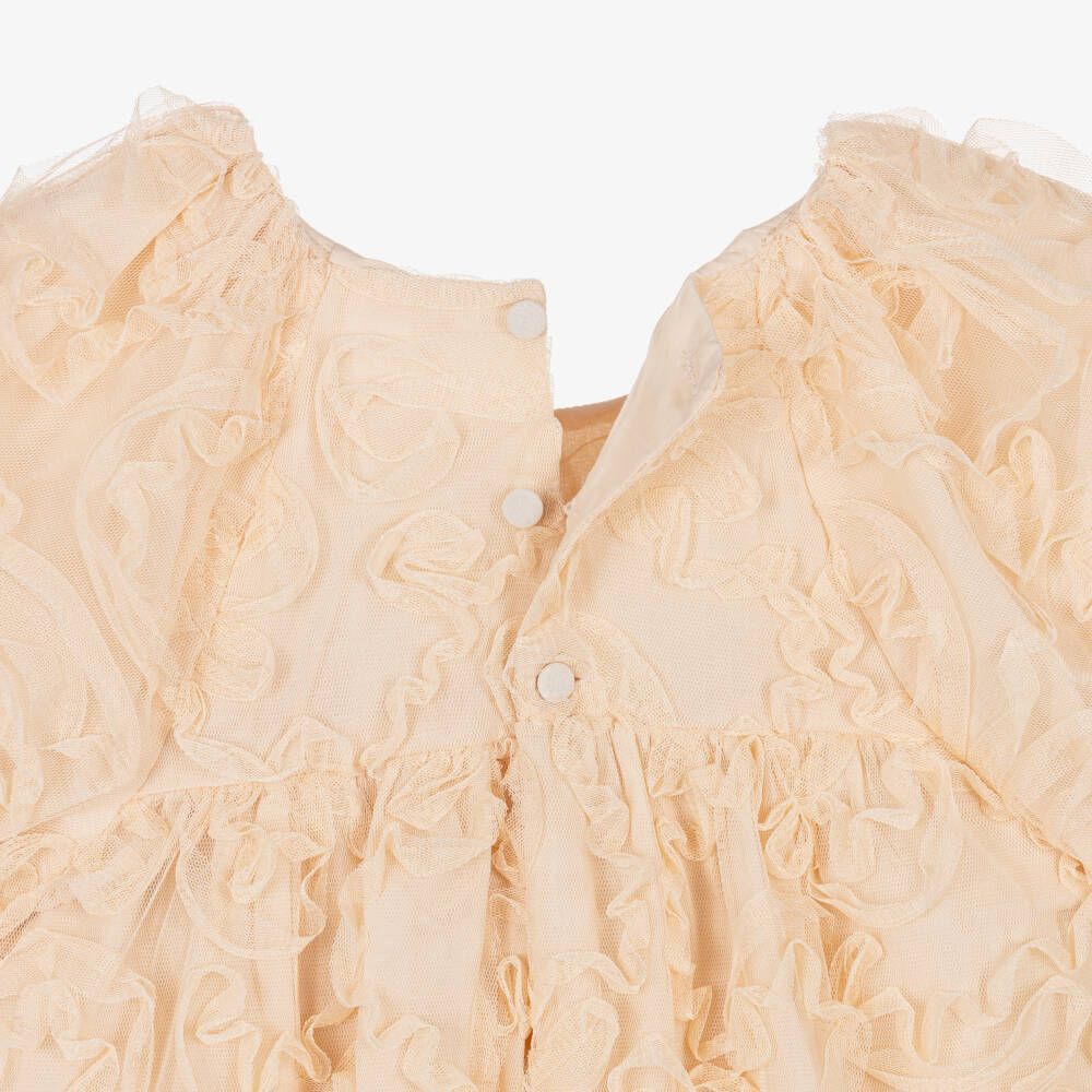 Patachou-Girls Beige Ruffled Tulle Dress with Bow Detail | Childrensalon