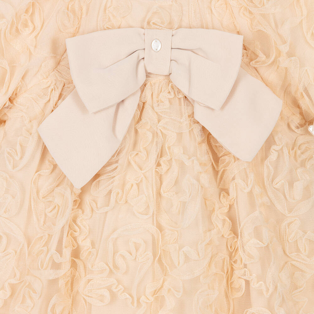 Patachou-Girls Beige Ruffled Tulle Dress with Bow Detail | Childrensalon