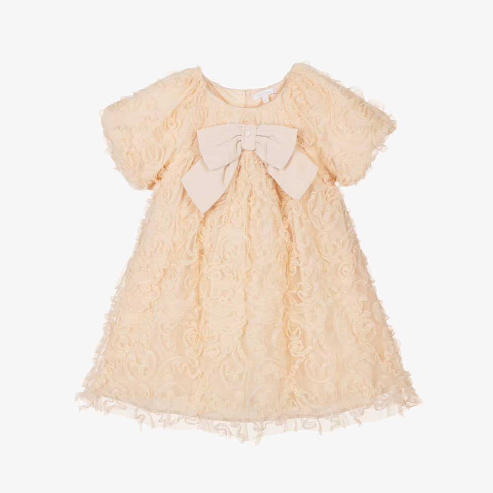 Patachou-Girls Beige Ruffled Tulle Dress with Bow Detail | Childrensalon