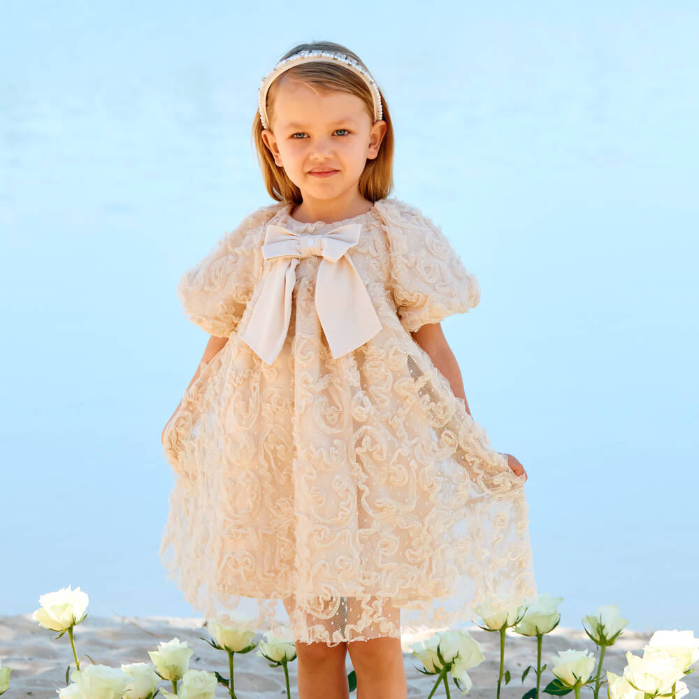 Patachou-Girls Beige Ruffled Tulle Dress with Bow Detail | Childrensalon