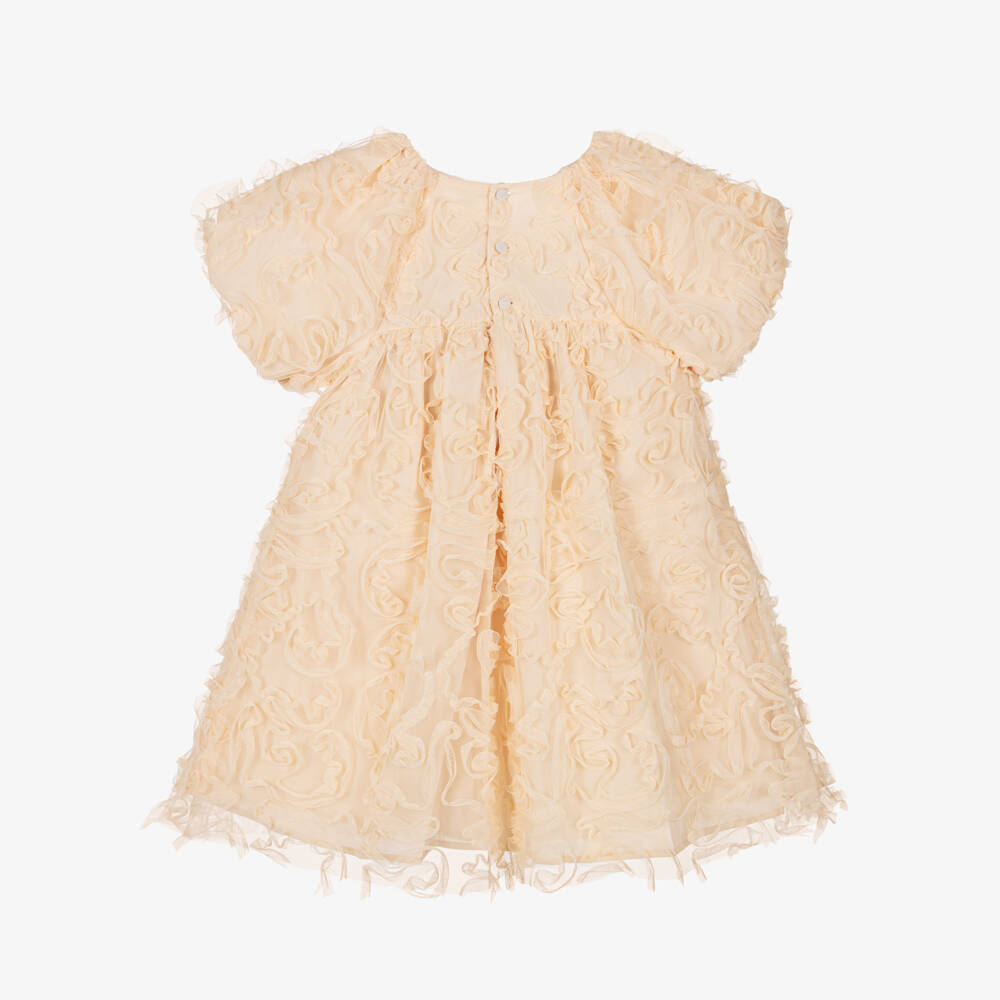 Patachou-Girls Beige Ruffled Tulle Dress with Bow Detail | Childrensalon