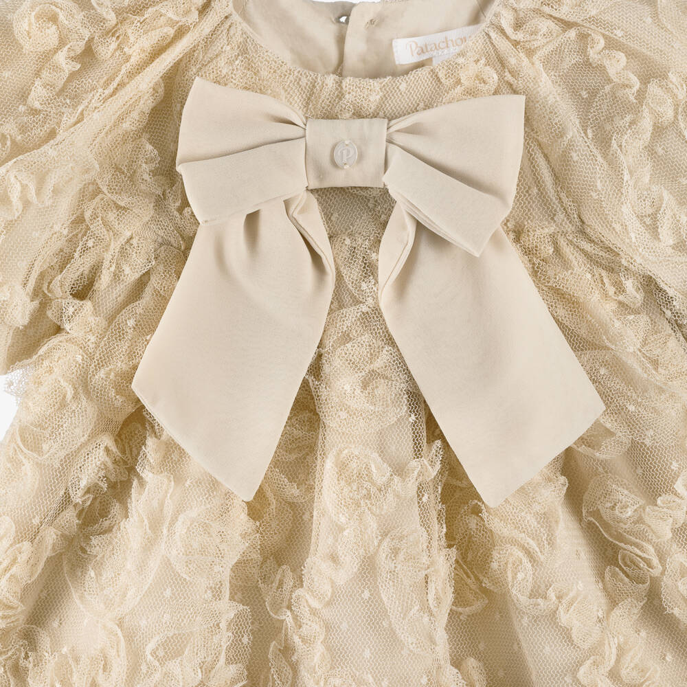 Patachou-Girls Beige Ruffled Tulle Dress with Bow Detail | Childrensalon
