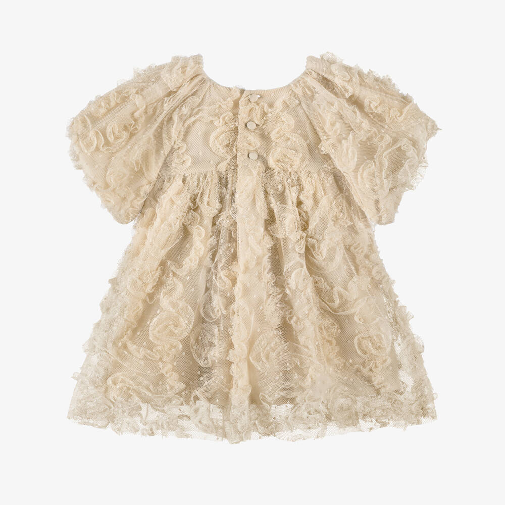 Patachou-Girls Beige Ruffled Tulle Dress with Bow Detail | Childrensalon