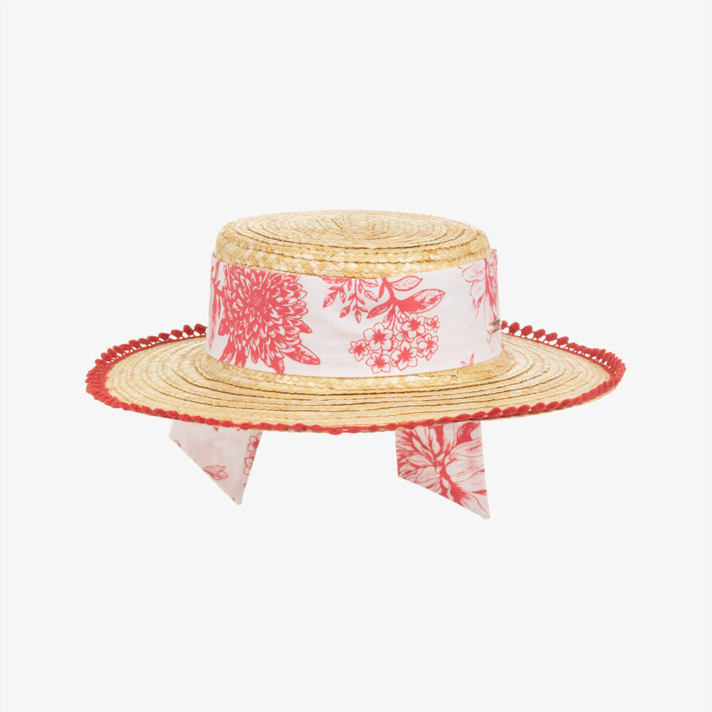 Patachou-Girls Beige Straw Boater Hat with Red Floral & Crochet Trim | Childrensalon