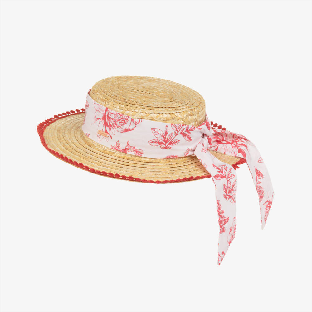 Patachou-Girls Beige Straw Boater Hat with Red Floral & Crochet Trim | Childrensalon