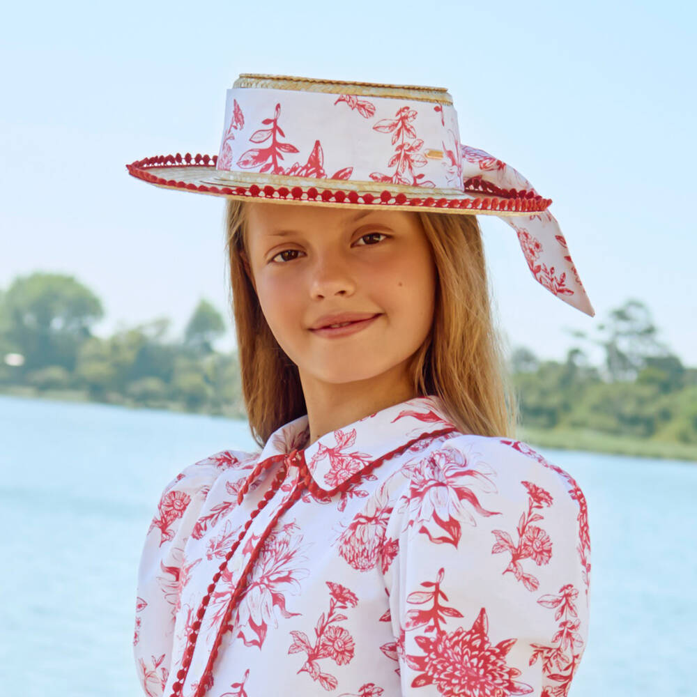 Patachou-Girls Beige Straw Boater Hat with Red Floral & Crochet Trim | Childrensalon