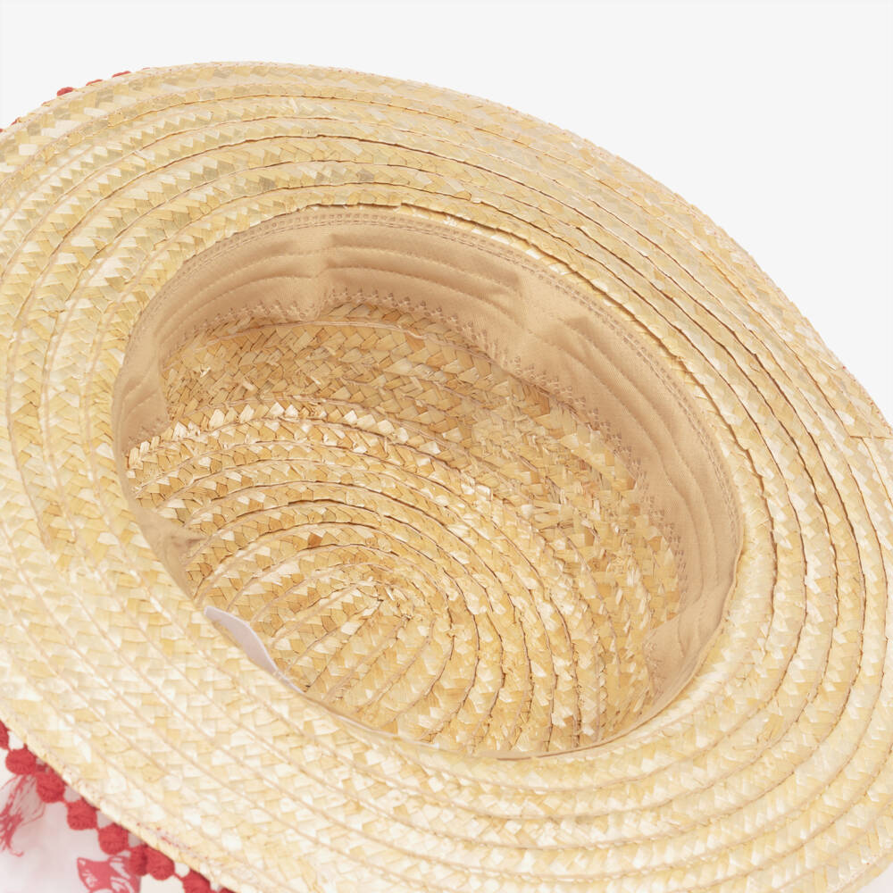 Patachou-Girls Beige Straw Boater Hat with Red Floral & Crochet Trim | Childrensalon