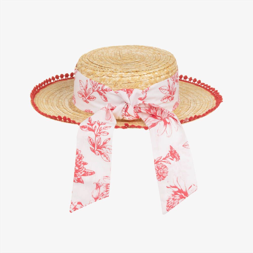 Patachou-Girls Beige Straw Boater Hat with Red Floral & Crochet Trim | Childrensalon