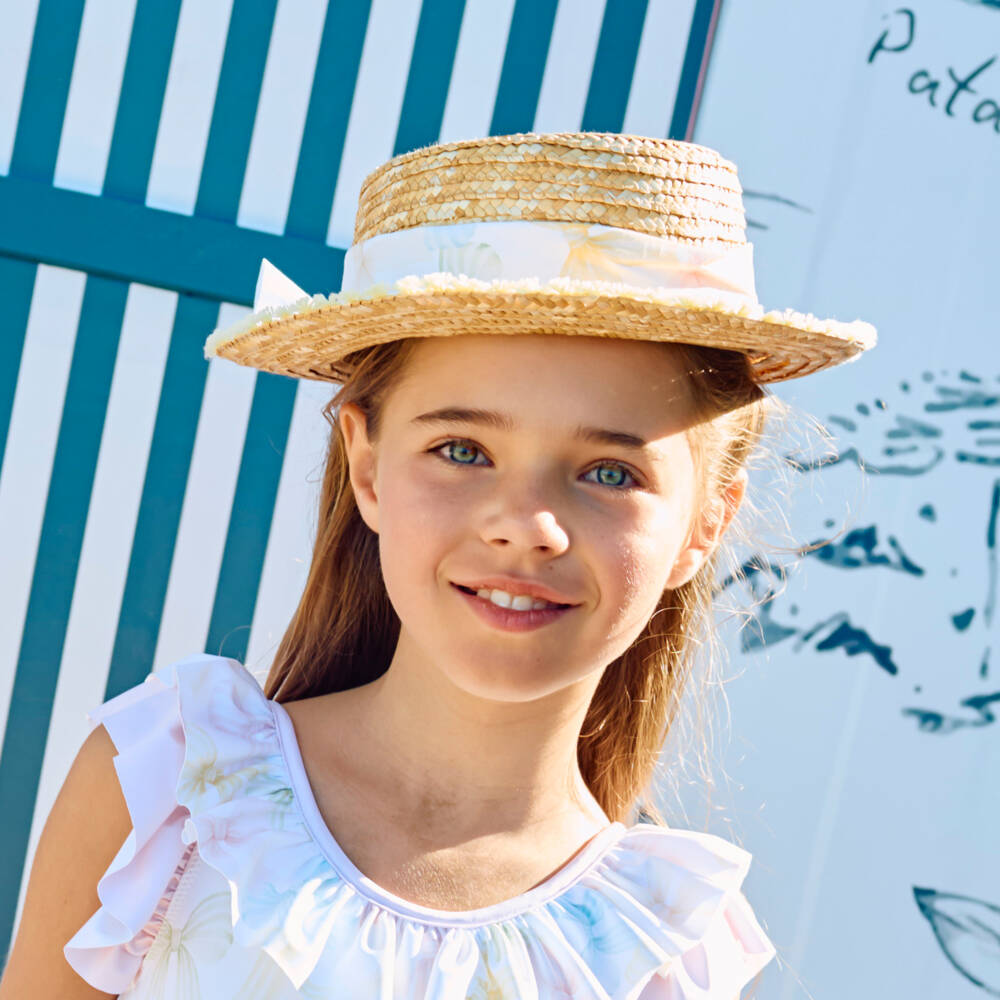 Patachou-Girls Beige Straw Boater with Ribbon Band & Tassel Trim | Childrensalon