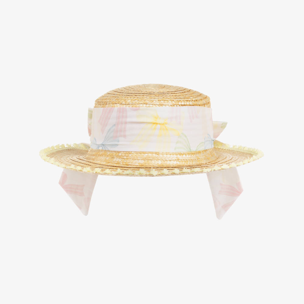 Patachou-Girls Beige Straw Boater with Ribbon Band & Tassel Trim | Childrensalon