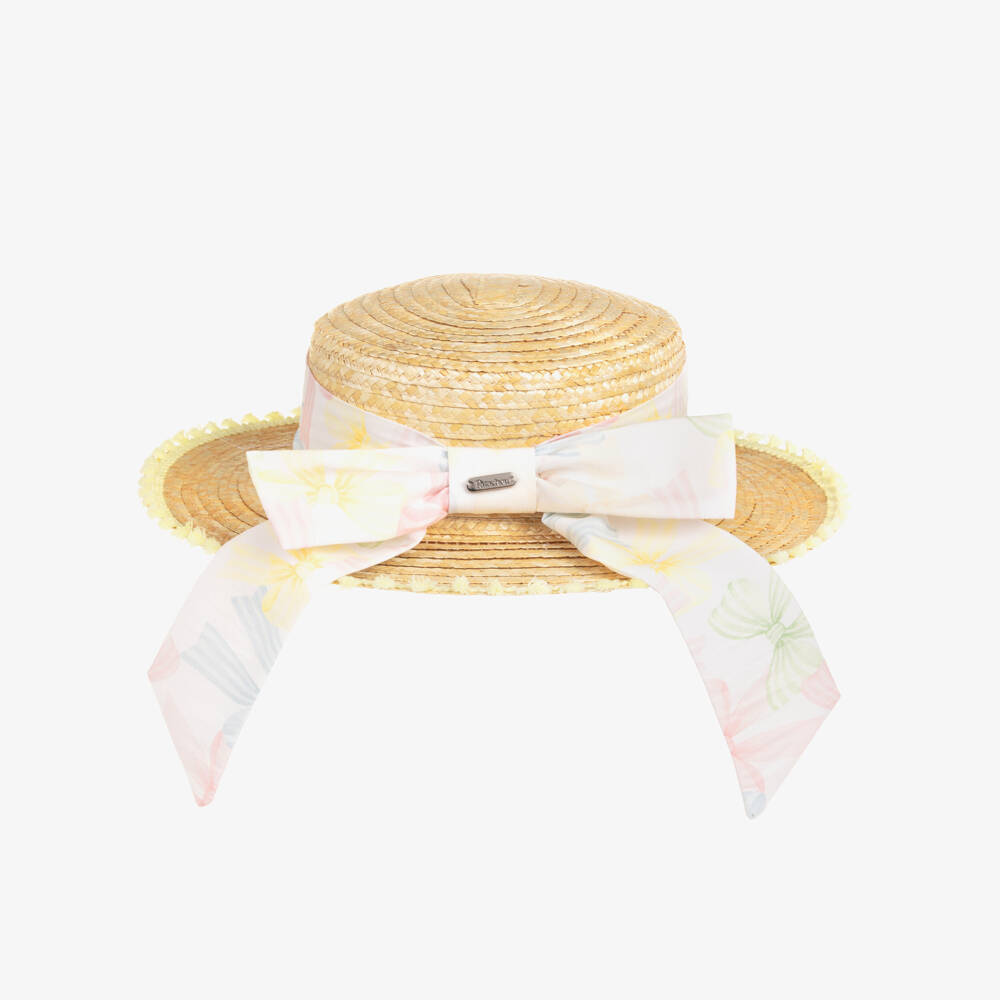 Patachou-Girls Beige Straw Boater with Ribbon Band & Tassel Trim | Childrensalon