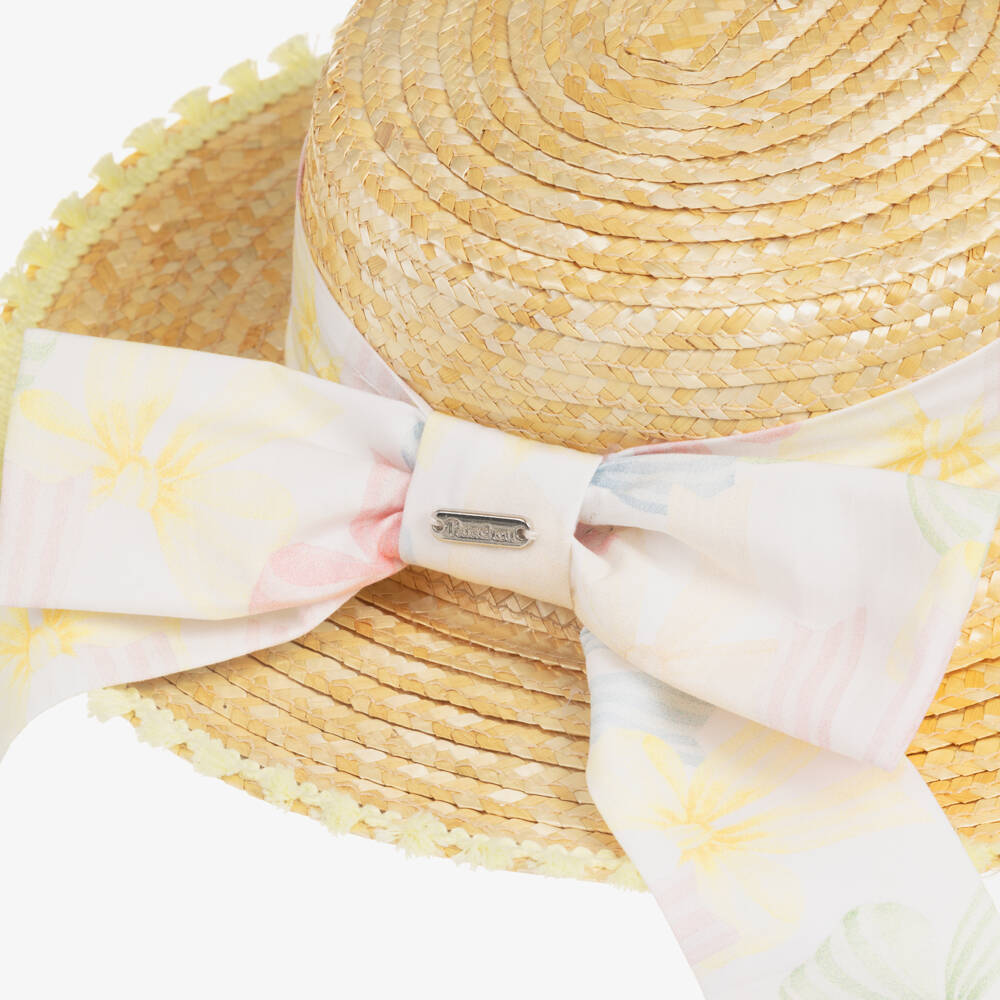 Patachou-Girls Beige Straw Boater with Ribbon Band & Tassel Trim | Childrensalon