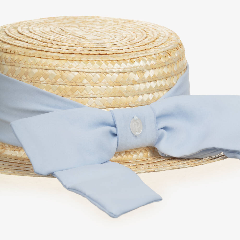 Patachou-Girls Beige Straw Hat with Blue Chiffon Trim | Childrensalon