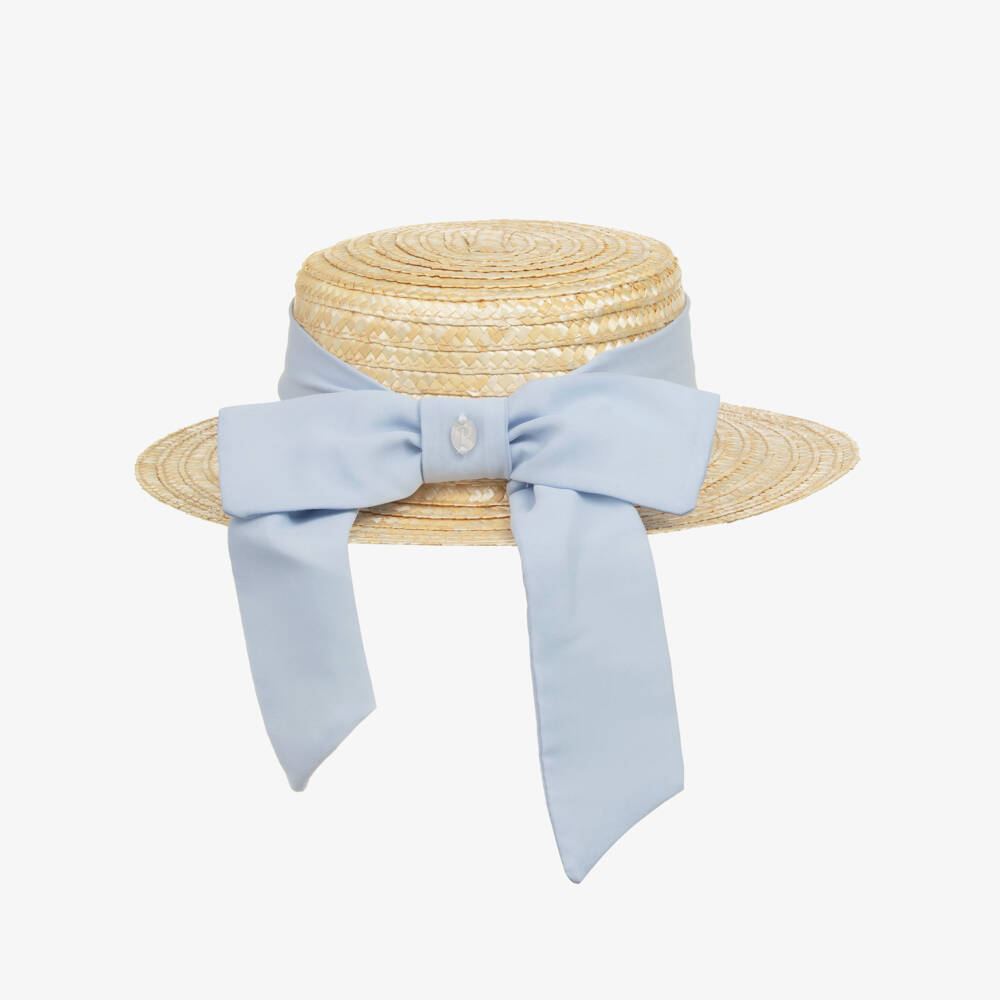 Patachou-Girls Beige Straw Hat with Blue Chiffon Trim | Childrensalon
