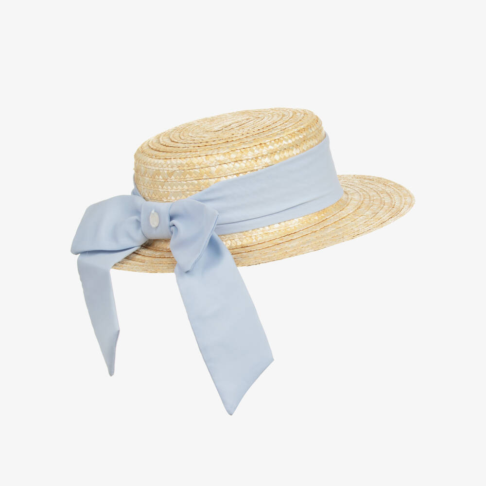 Patachou-Girls Beige Straw Hat with Blue Chiffon Trim | Childrensalon