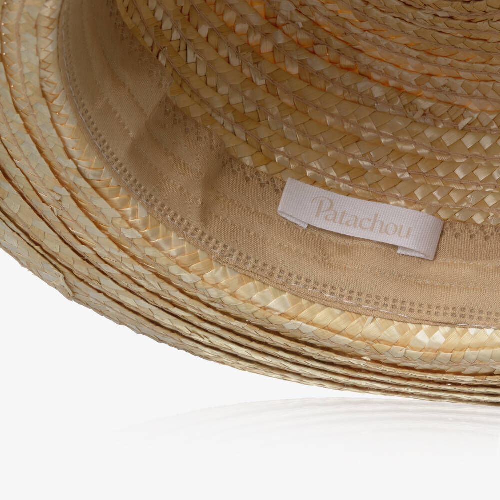 Patachou-Girls Beige Straw Hat with Blue Chiffon Trim | Childrensalon