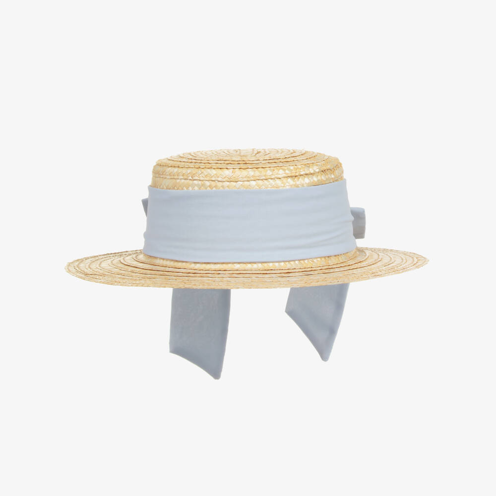 Patachou-Girls Beige Straw Hat with Blue Chiffon Trim | Childrensalon