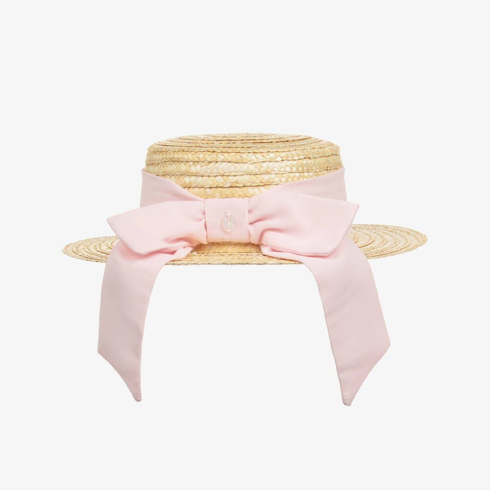 Patachou-Girls Beige Straw Hat with Pink Chiffon Trim | Childrensalon