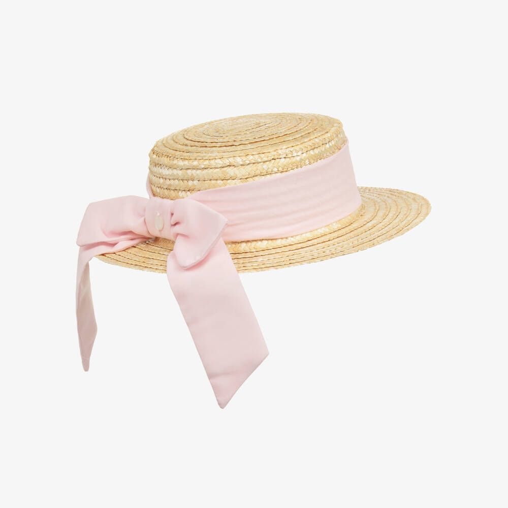 Patachou-Girls Beige Straw Hat with Pink Chiffon Trim | Childrensalon
