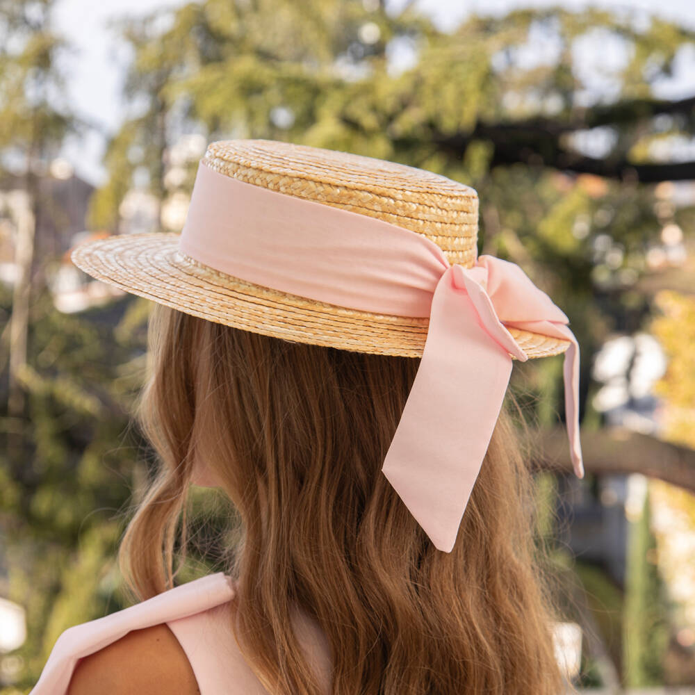 Patachou-Girls Beige Straw Hat with Pink Chiffon Trim | Childrensalon