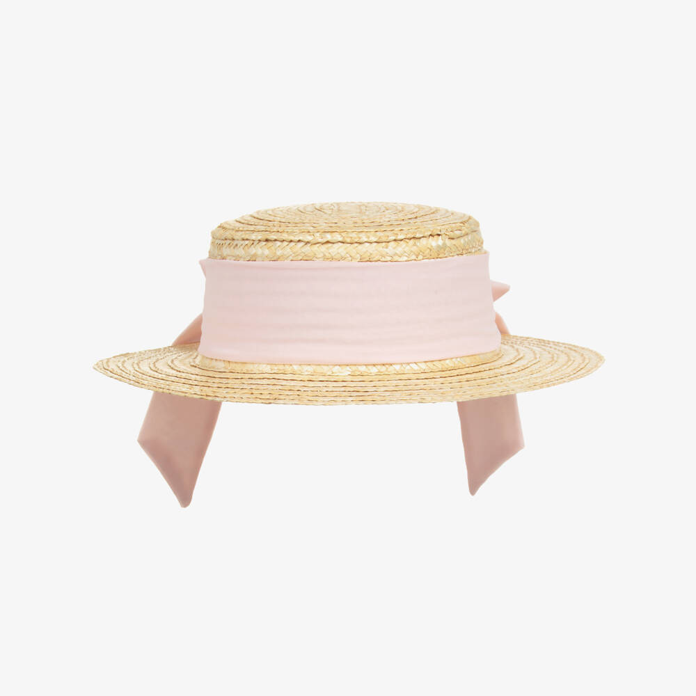 Patachou-Girls Beige Straw Hat with Pink Chiffon Trim | Childrensalon