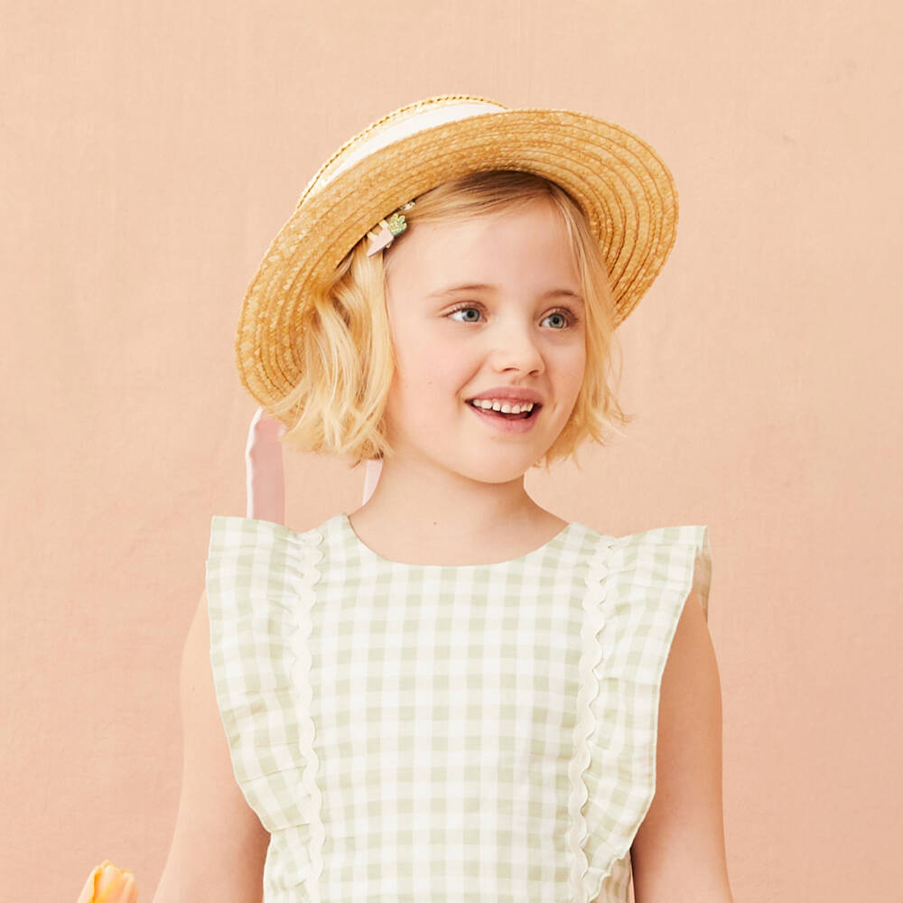 Patachou-Girls Beige Straw Hat with Pink Chiffon Trim | Childrensalon