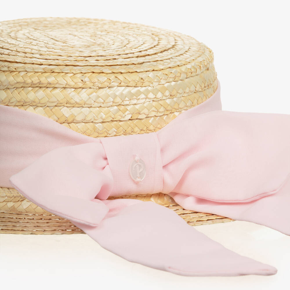 Patachou-Girls Beige Straw Hat with Pink Chiffon Trim | Childrensalon