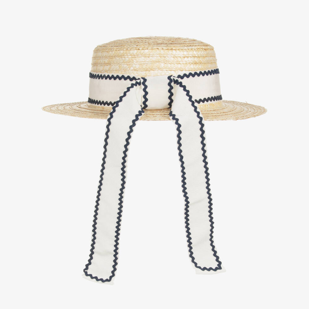 Patachou-Girls Beige Straw Hat with Ribbon Trim | Childrensalon