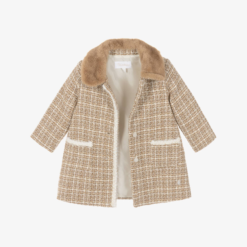 Patachou-Girls Beige Tweed Coat with Faux Fur Collar | Childrensalon