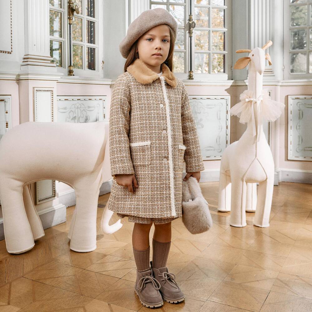 Patachou-Girls Beige Tweed Coat with Faux Fur Collar | Childrensalon
