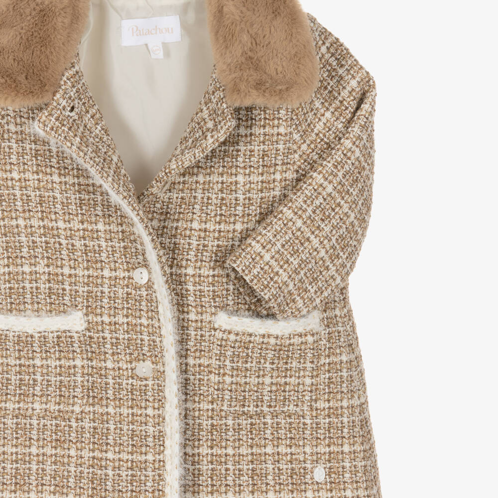 Patachou-Girls Beige Tweed Coat with Faux Fur Collar | Childrensalon