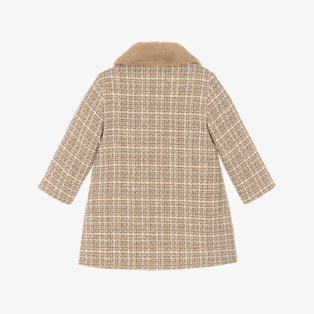 Patachou-Girls Beige Tweed Coat with Faux Fur Collar | Childrensalon