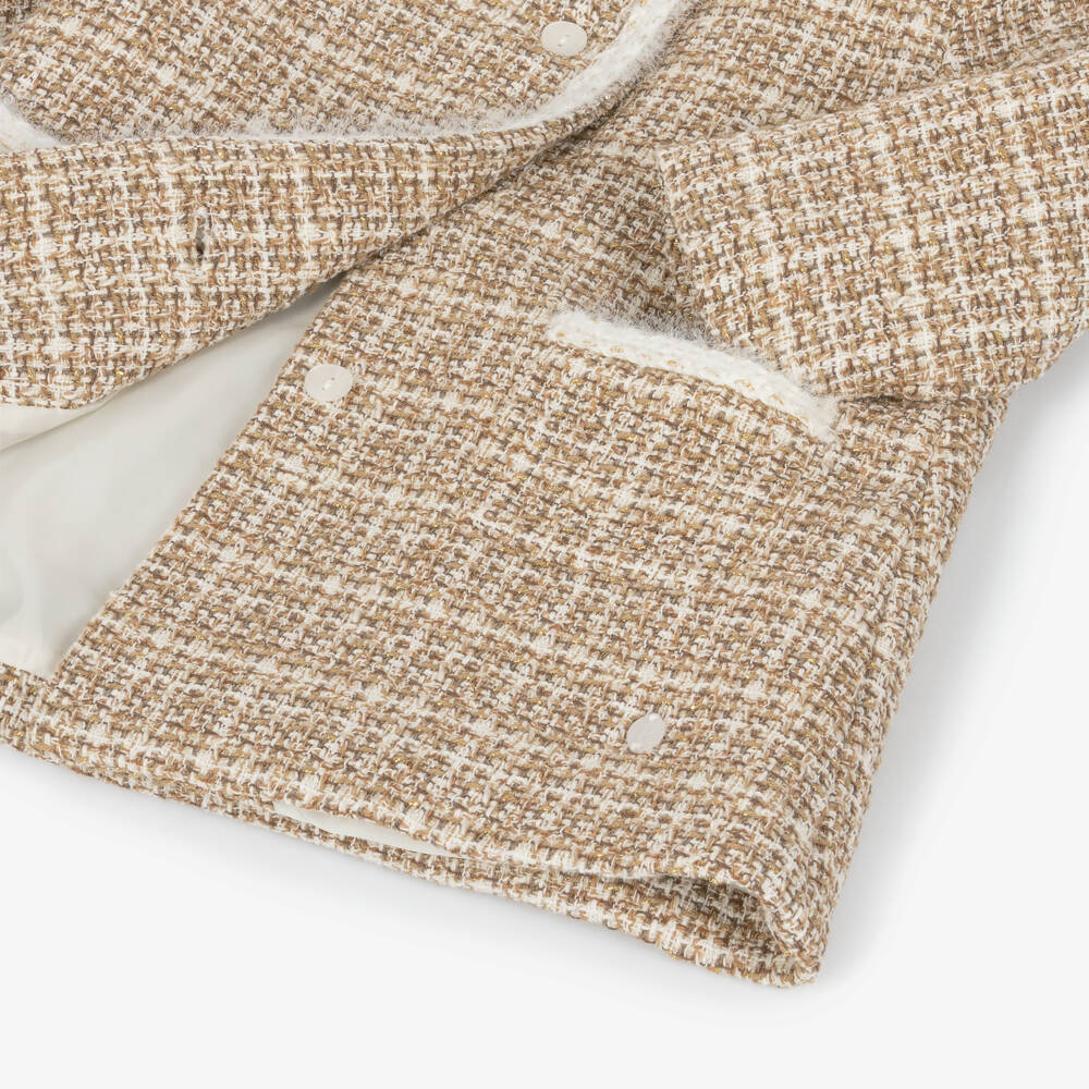Patachou-Girls Beige Tweed Coat with Faux Fur Collar | Childrensalon