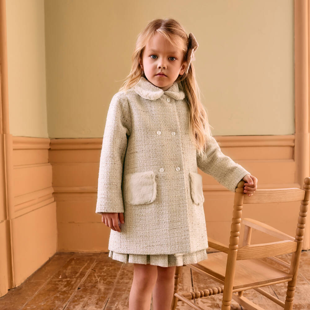 Patachou-Girls Beige Tweed Coat with Faux Fur Trims | Childrensalon