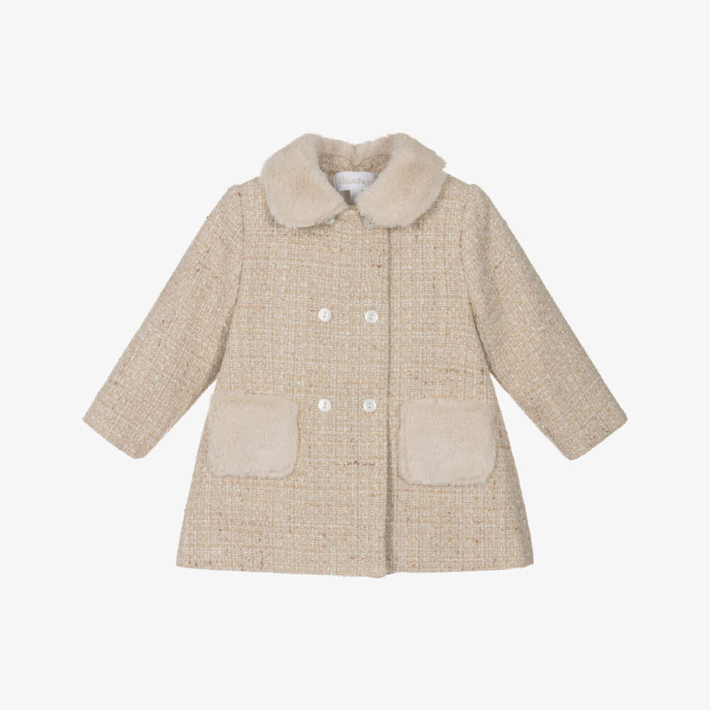 Patachou-Girls Beige Tweed Coat with Faux Fur Trims | Childrensalon