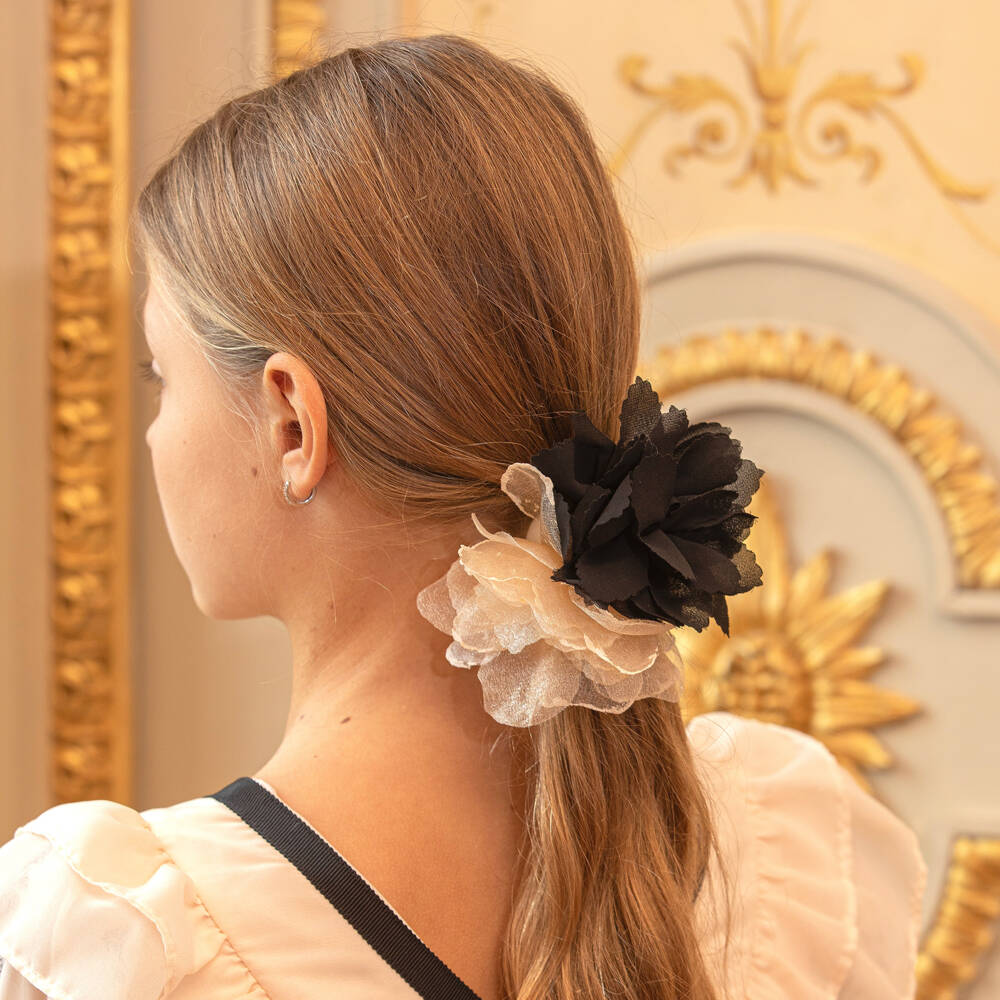 Patachou-Girls Black & Beige Flower Hair Scrunchie (11cm) | Childrensalon