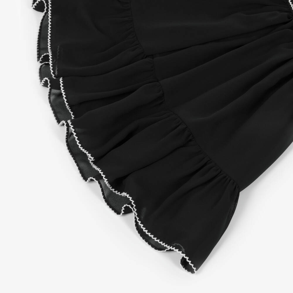 Patachou-Girls Black Chiffon Dress with White Picot Trims | Childrensalon