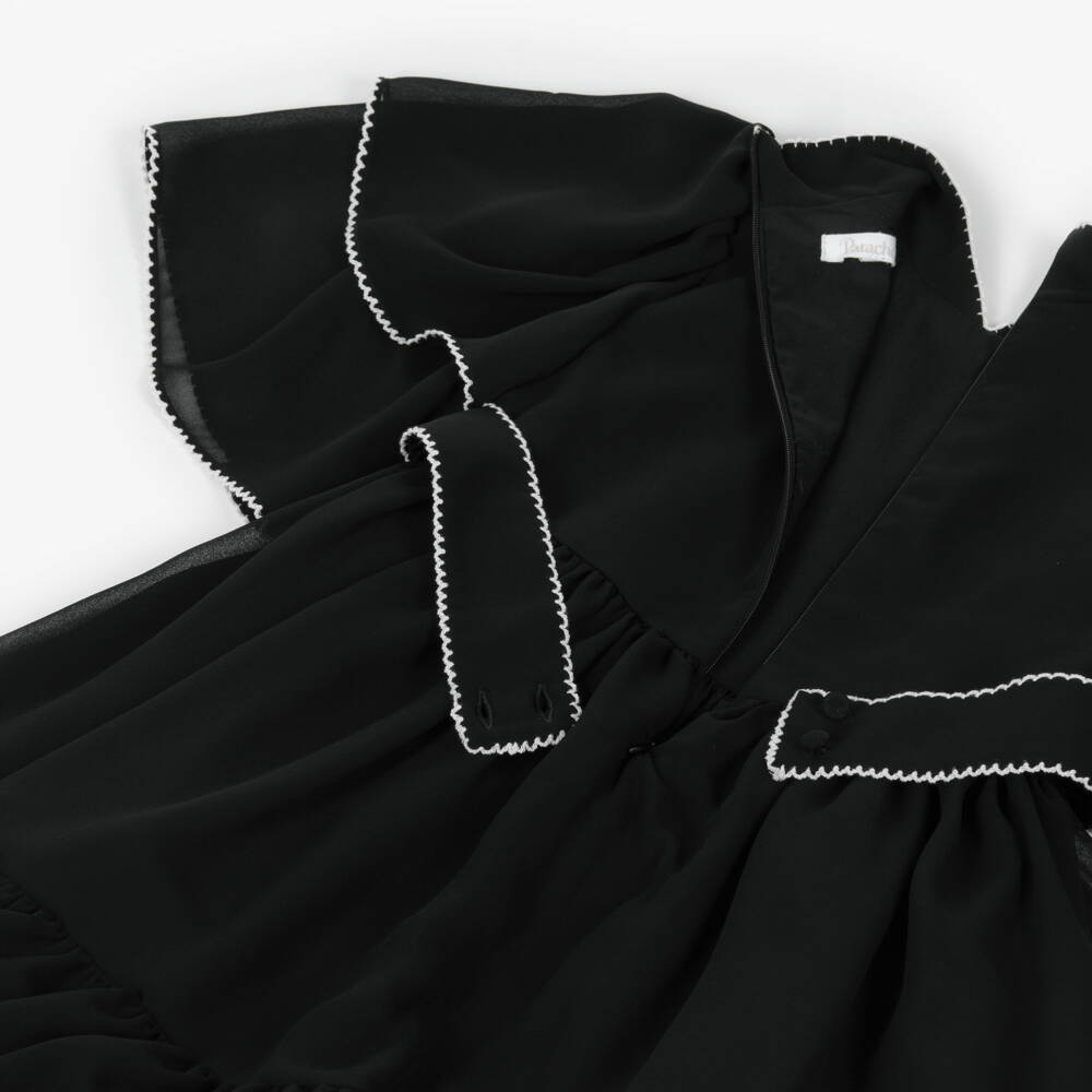 Patachou-Girls Black Chiffon Dress with White Picot Trims | Childrensalon