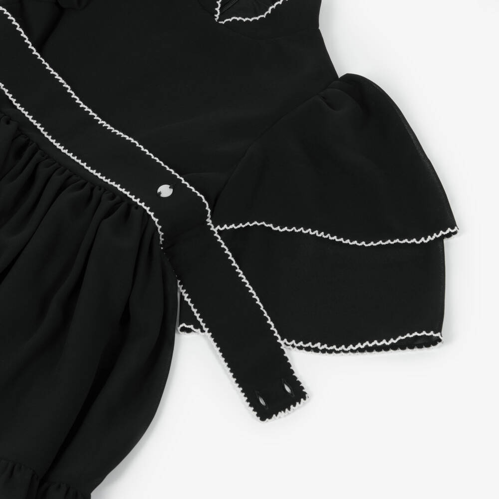 Patachou-Girls Black Chiffon Dress with White Picot Trims | Childrensalon