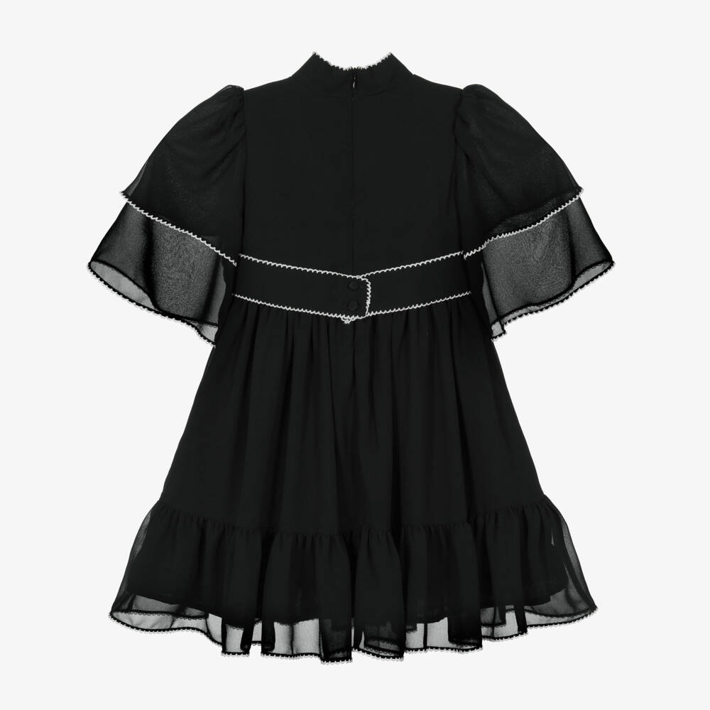 Patachou-Girls Black Chiffon Dress with White Picot Trims | Childrensalon
