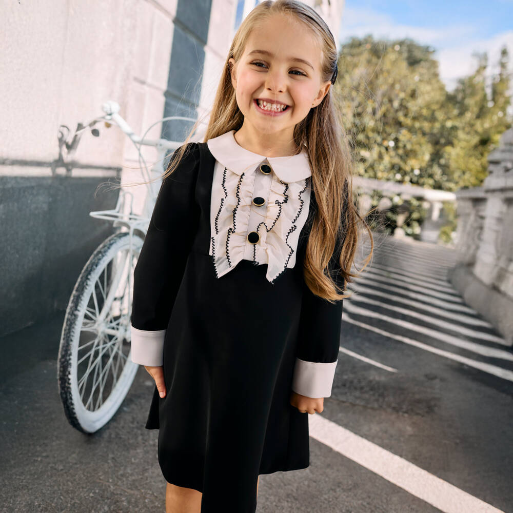 Patachou-Girls Black Crêpe Dress with Beige Ruffles | Childrensalon