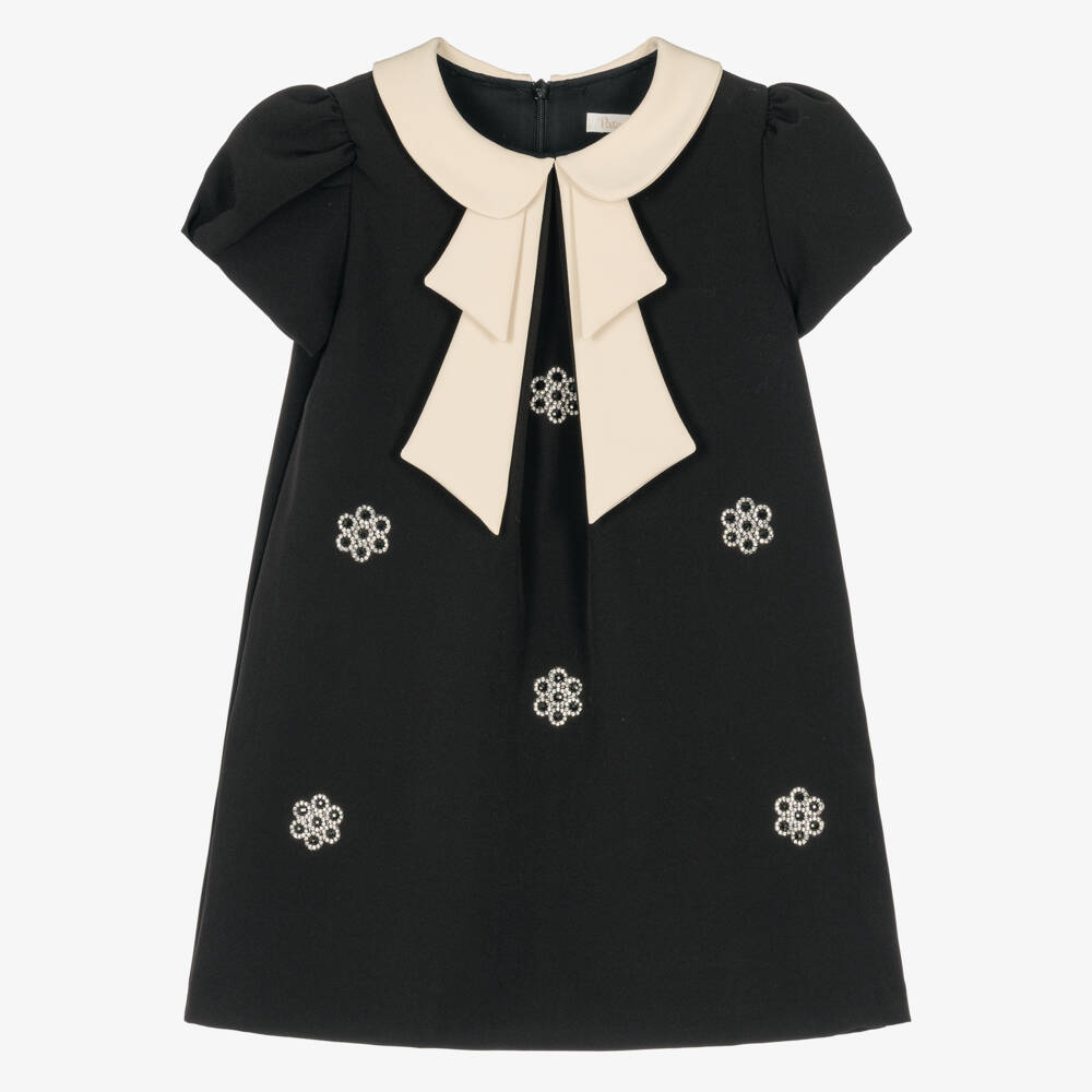 Patachou-Girls Black Crêpe Dress with Sparkly Flowers | Childrensalon