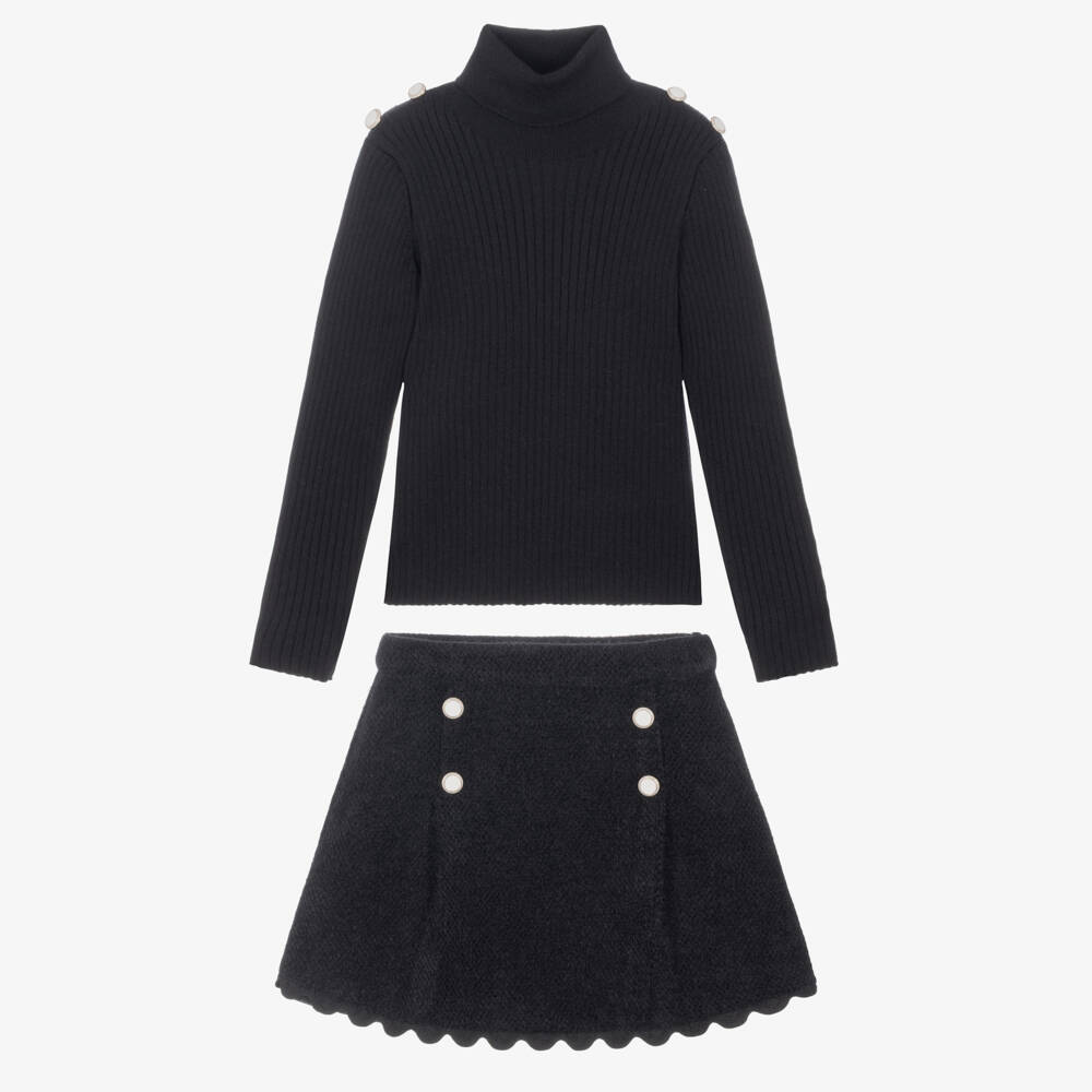 Patachou-Girls Black Fluffy Skirt Set with Ric Rac Trim | Childrensalon