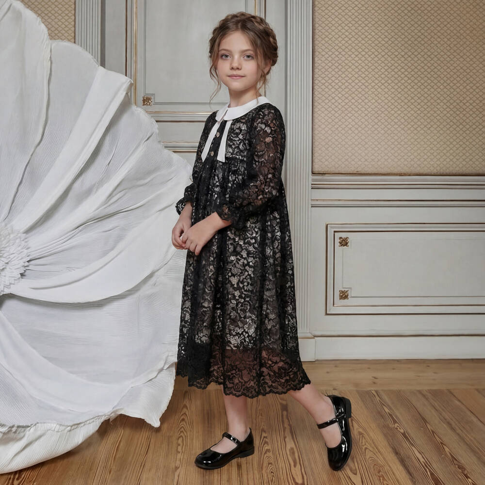 Patachou-Girls Black Guipure Lace Dress | Childrensalon